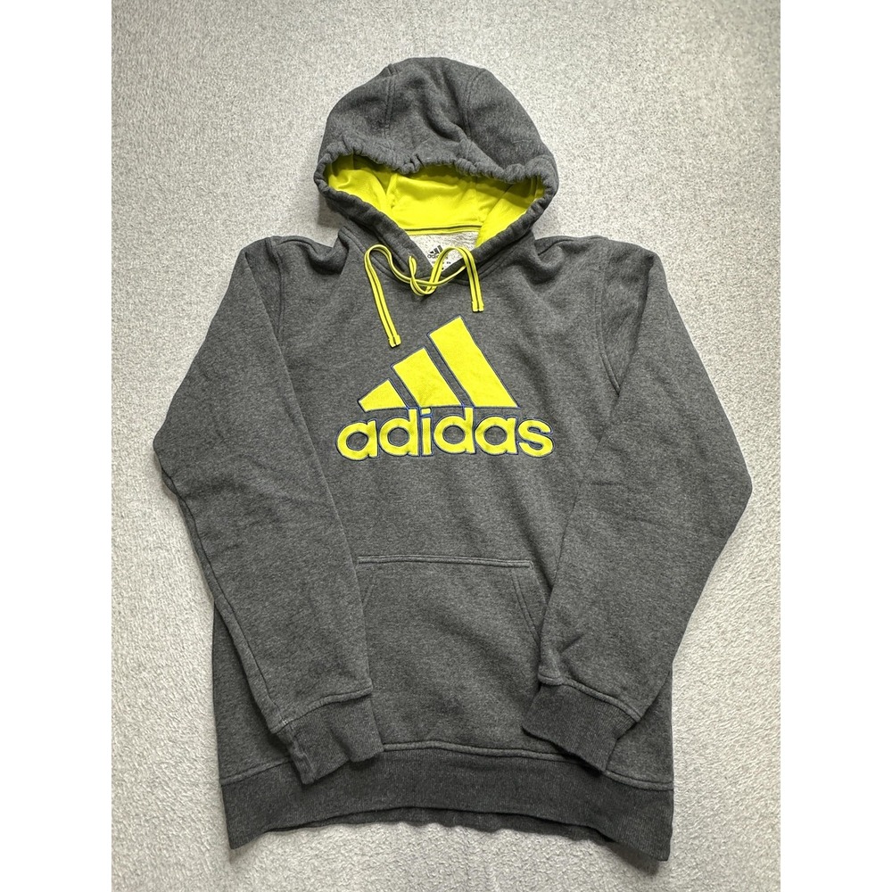 Adidas Hoodie Mens Small Gray Yellow Spell Out Logo Pullover Athletic Sweatshirt